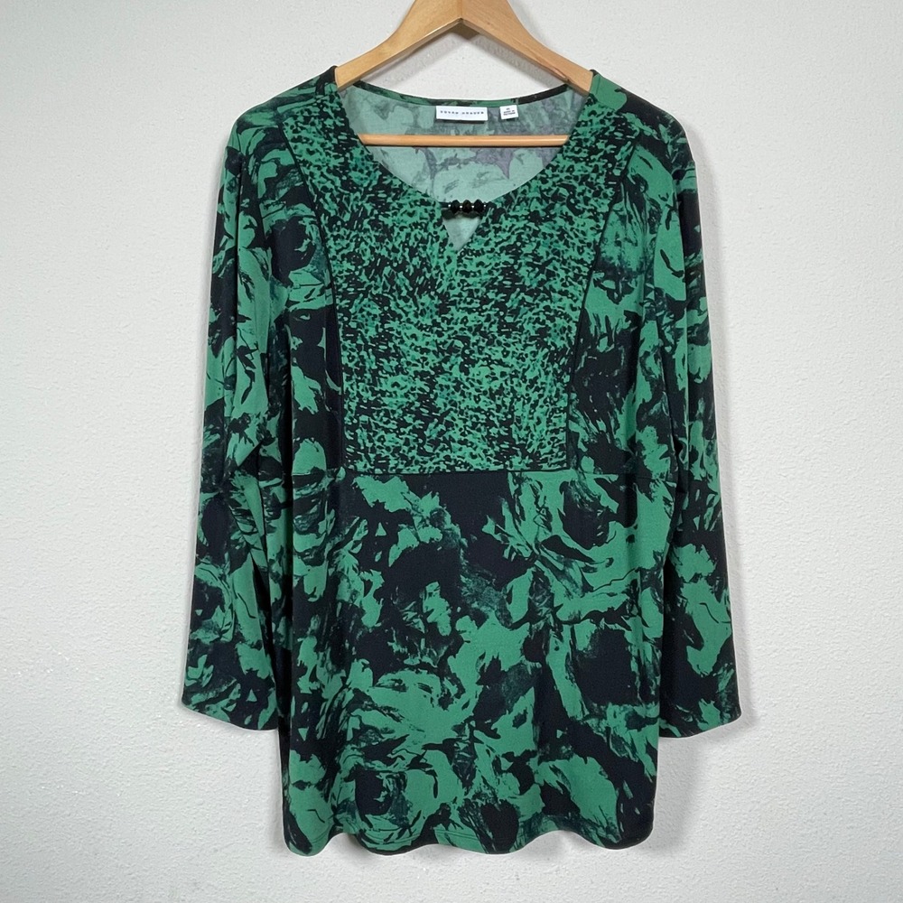 Susan Graver Tunic Top Women XL Green Black Floral Beaded Liquid Knit Jersey
